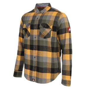 A men's long-sleeve plaid flannel shirt with button-up front, featuring a yellow, green, and gray checkered pattern, two chest pockets, and a logo patch on the left sleeve.