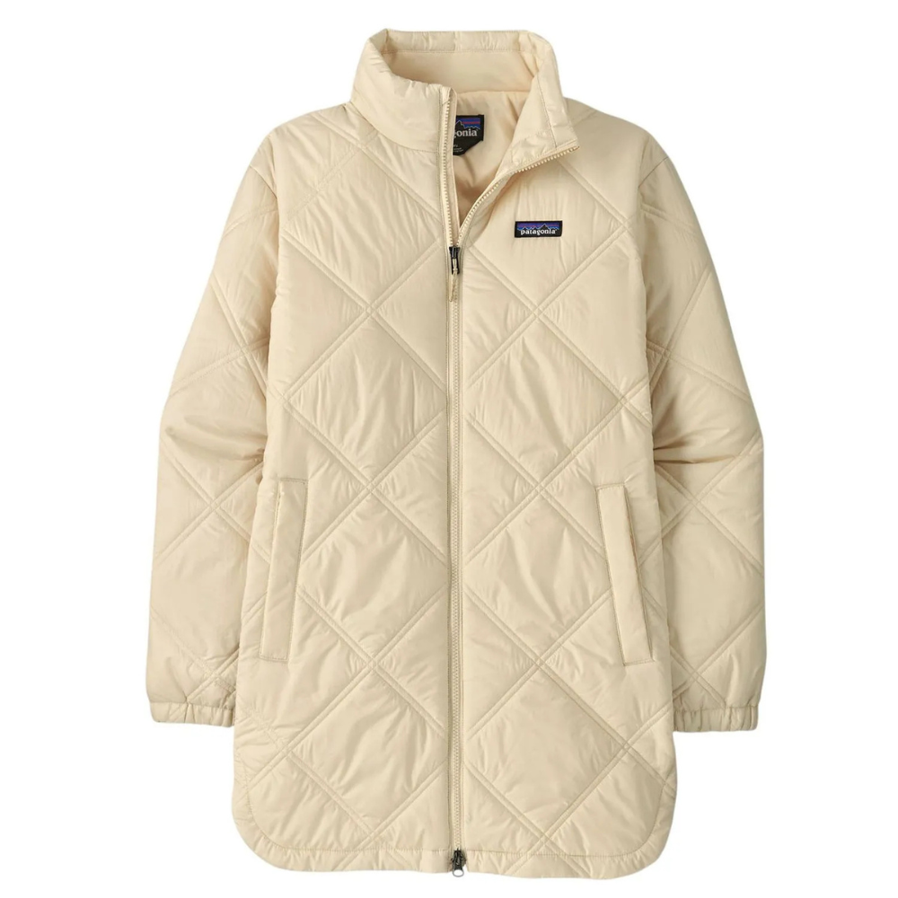 A beige, quilted, full-zip jacket with a high collar and embroidered logo on the chest, featuring two front pockets and elastic cuffs.