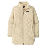 A beige, quilted, full-zip jacket with a high collar and embroidered logo on the chest, featuring two front pockets and elastic cuffs.
