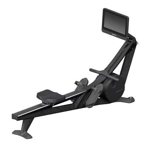A sleek, black rowing machine designed with a sliding seat, footrests, and an integrated monitor on an inclined rail.
