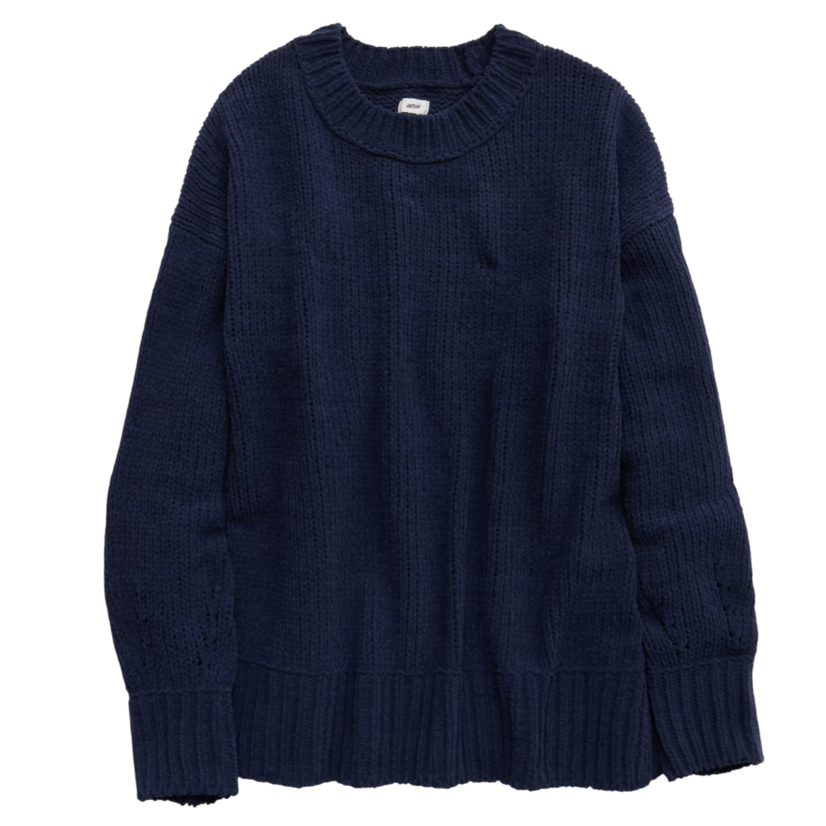 A deep navy knitted sweater with a crew neck and ribbed cuffs and hem.