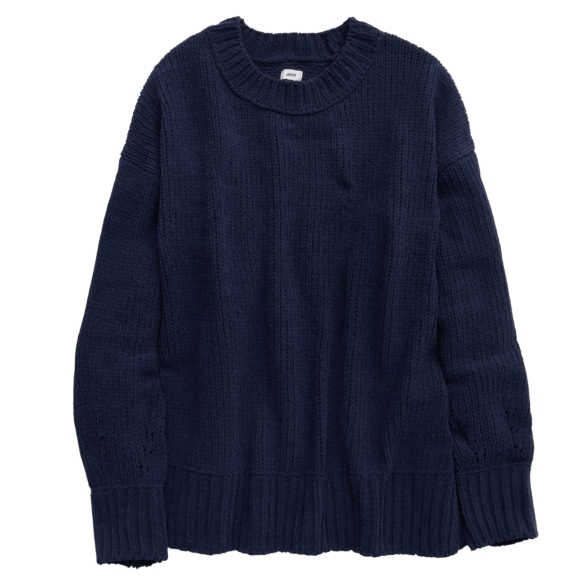 A deep navy knitted sweater with a crew neck and ribbed cuffs and hem.
