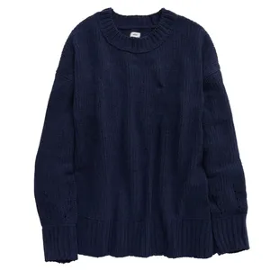 A deep navy knitted sweater with a crew neck and ribbed cuffs and hem.