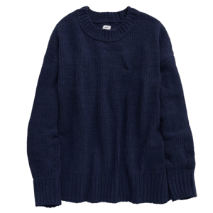 A deep navy knitted sweater with a crew neck and ribbed cuffs and hem.