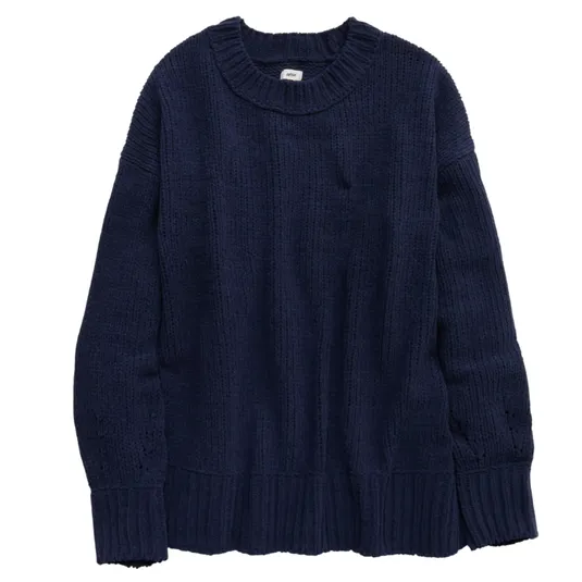 A deep navy knitted sweater with a crew neck and ribbed cuffs and hem.