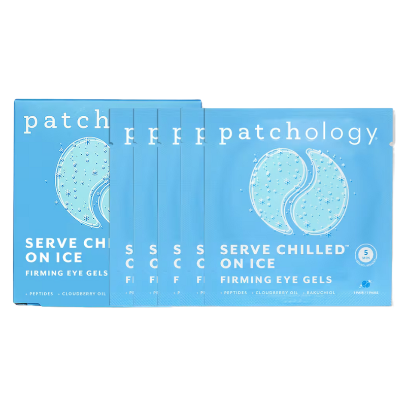 Patchology Serve Chilled On Ice Firming Eye Gels with peptides, cloudberry oil, and bakuchiol. Designed to firm the under-eye area in 5 minutes per use.