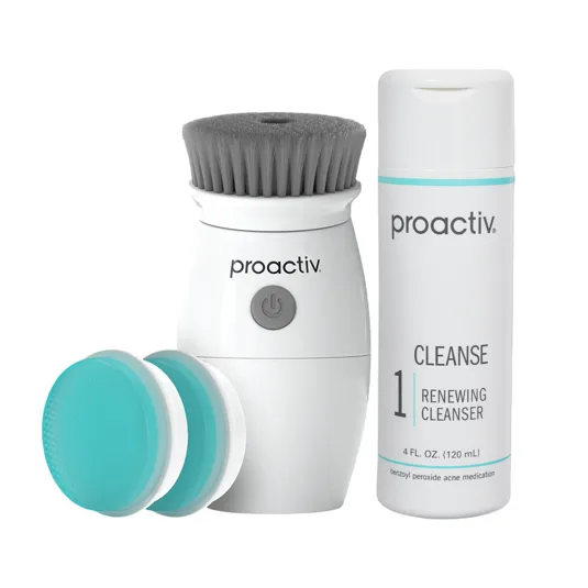 Proactiv Renewing Cleanser (120 mL) and an electronic facial brush with additional attachments.