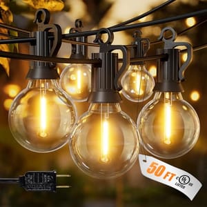 String lights with Edison-style LED bulbs are shown, featuring a black cord and hooks for hanging. The text indicates a length of 50 feet and UL listing.
