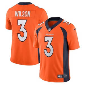 Orange Denver Broncos jersey with \“WILSON\“ and number 3 printed on it, featuring navy accents and a Nike logo.