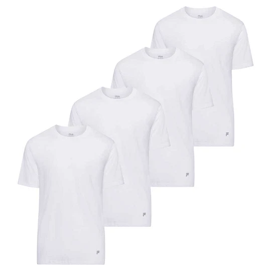Pack of four plain white T-shirts with short sleeves and a small logo on the lower left side.
