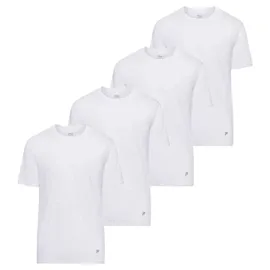 Pack of four plain white T-shirts with short sleeves and a small logo on the lower left side.