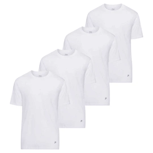 Pack of four plain white T-shirts with short sleeves and a small logo on the lower left side.