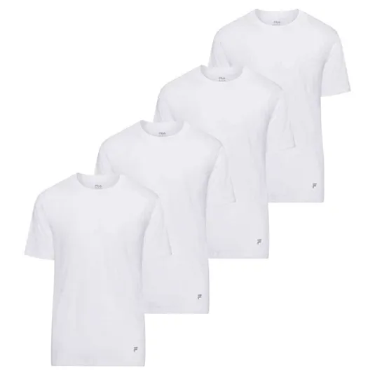Pack of four plain white T-shirts with short sleeves and a small logo on the lower left side.