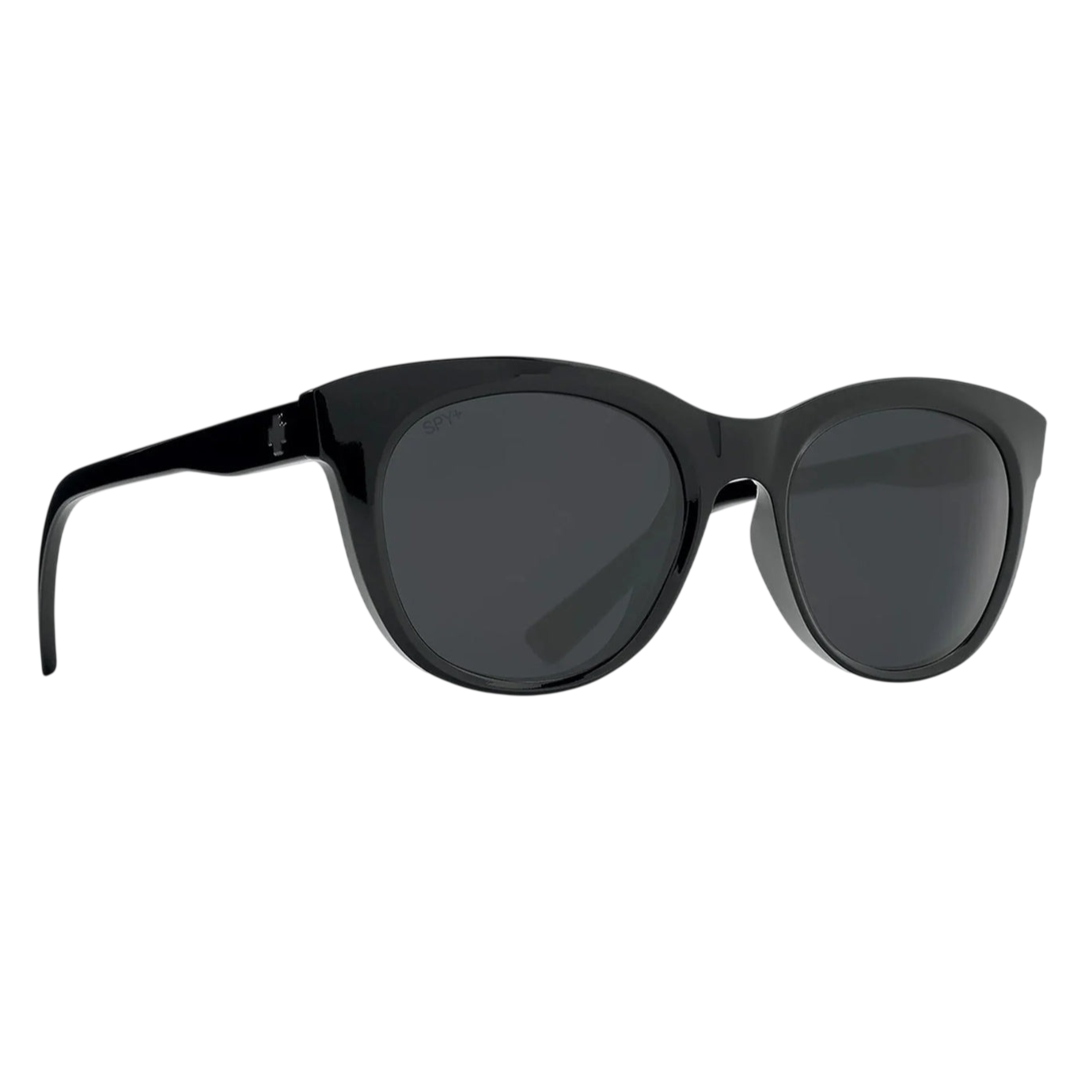 Black cat-eye sunglasses with dark lenses and a glossy finish. The brand name \“SPY\“ is visible on the side.