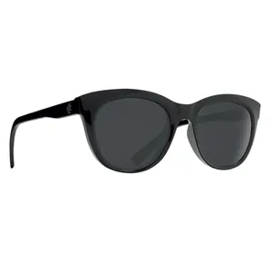 Black cat-eye sunglasses with dark lenses and a glossy finish. The brand name \“SPY\“ is visible on the side.