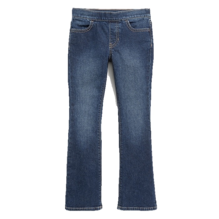 Children's blue denim jeans with a classic five-pocket design and a slight bootcut style.