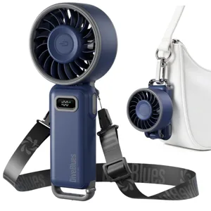 Handheld portable fan with a digital display and a strap, shown both as a handheld device and attached to a bag.