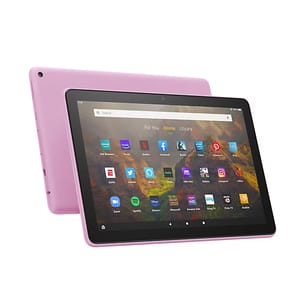A pink tablet computer with its screen displaying various app icons.