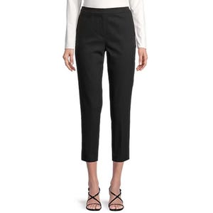 Black slim-leg pants with a flattering fit, featuring a mid-rise waist and cropped length, paired with a simple ankle-strap sandal. Ideal for both casual and formal occasions.