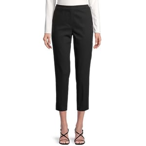 Black slim-leg pants with a flattering fit, featuring a mid-rise waist and cropped length, paired with a simple ankle-strap sandal. Ideal for both casual and formal occasions.