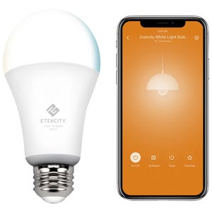 Etekcity 6pk LED Smart Bulbs offer adjustable cool to warm white lighting, controllable via a smartphone app with features like on/off, scheduling, timer, and favorites.