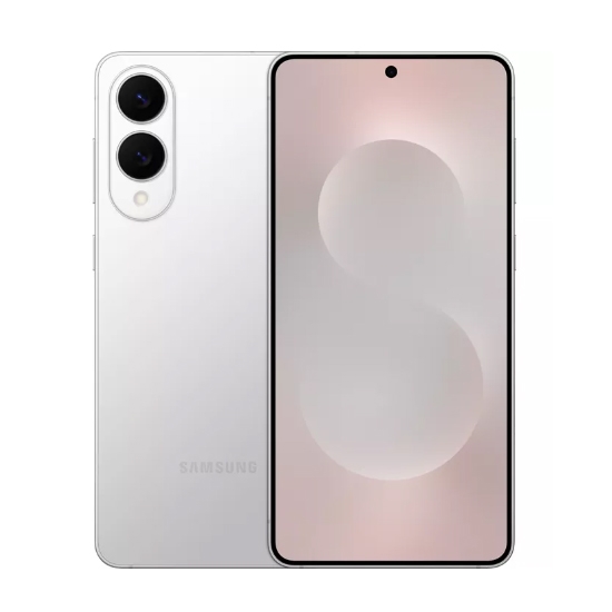 A Samsung smartphone with a sleek design, featuring dual rear cameras and a centered hole-punch front camera, is displayed. The device has a minimalist white finish and is advertised in a Verizon promotion.