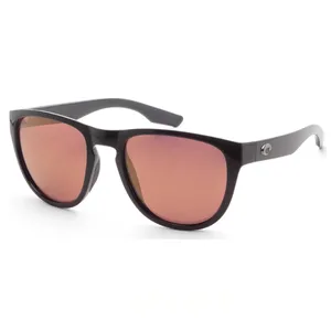 Black-framed sunglasses with pink reflective lenses, featuring a logo on the temples.