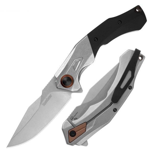 A folding knife featuring a metallic blade and handle with black accents, designed for portability and convenience.