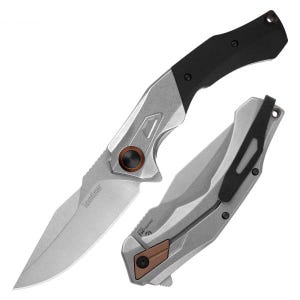 A folding knife featuring a metallic blade and handle with black accents, designed for portability and convenience.