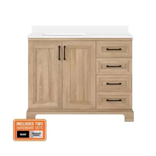 The Glacier Bay Sinita Bath Vanity features a natural wood finish with two doors and four drawers, and includes two hardware sets in black and brushed nickel. It is designed for a sink on the left-hand side.
