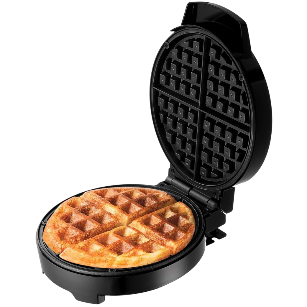 A round waffle maker with an open lid, showing a cooked waffle inside, divided into four sections.