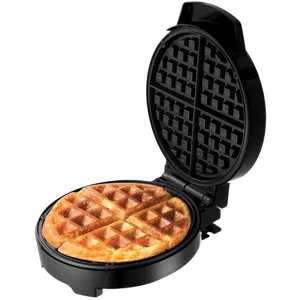 A round waffle maker with an open lid, showing a cooked waffle inside, divided into four sections.