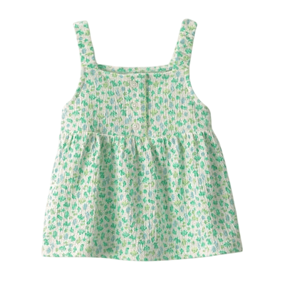 Sleeveless floral sundress with green and white pattern, featuring a smocked top and button details.