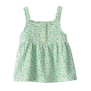 Sleeveless floral sundress with green and white pattern, featuring a smocked top and button details.