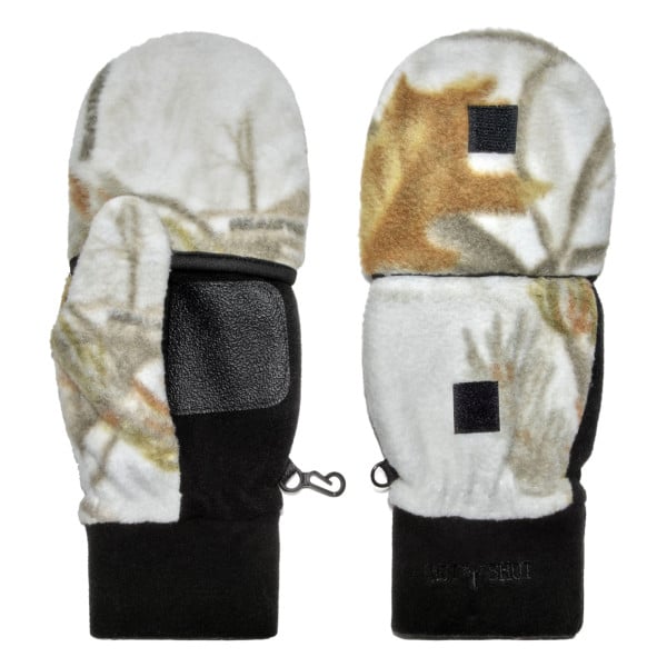 Camouflage-pattern fleece convertible mittens with black accents and Velcro closures, featuring a mitten flap that folds back to reveal exposed fingers, suitable for outdoor activities.