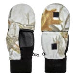 Camouflage-pattern fleece convertible mittens with black accents and Velcro closures, featuring a mitten flap that folds back to reveal exposed fingers, suitable for outdoor activities.