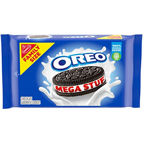 Family-Size package of Mega Stuf Oreos, which are chocolate sandwich cookies with an extra thick layer of cream filling.