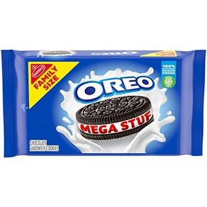 Family-Size package of Mega Stuf Oreos, which are chocolate sandwich cookies with an extra thick layer of cream filling.