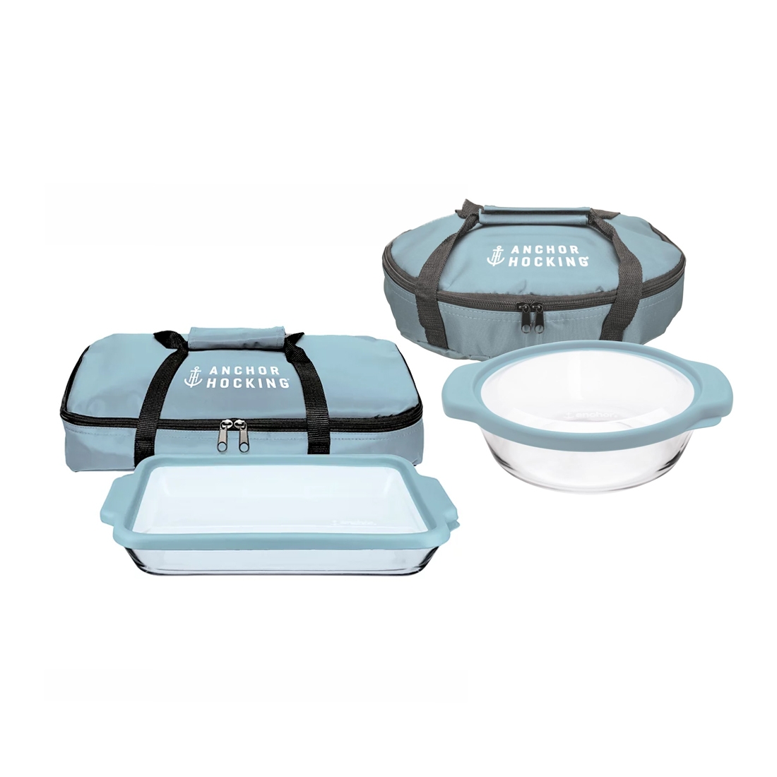 Anchor Hocking Bakeware Set includes a rectangular and a round glass baking dish with light blue lids, and matching insulated totes for each.