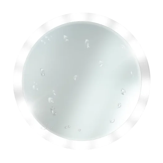 Round mirror with a frosted appearance, featuring a bright LED ring light around the edge, and visible water droplets on the surface.