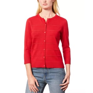 A vibrant red scoop-neck cardigan featuring pointelle stripes, full-length button closure, and three-quarter sleeves, paired with blue jeans.
