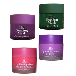 Four jars of lip sleeping masks in flavors: Gummy Bear, Fresh Mint, Cherry Blossom, and Berries, each with a net weight of 0.70 oz (20g).