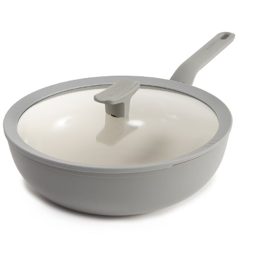 A gray non-stick frying pan with a matching lid and handle.
