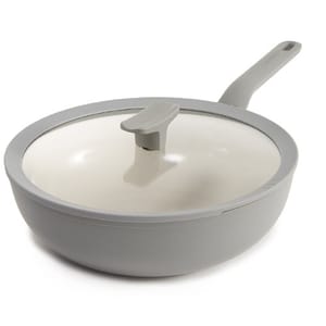 A gray non-stick frying pan with a matching lid and handle.