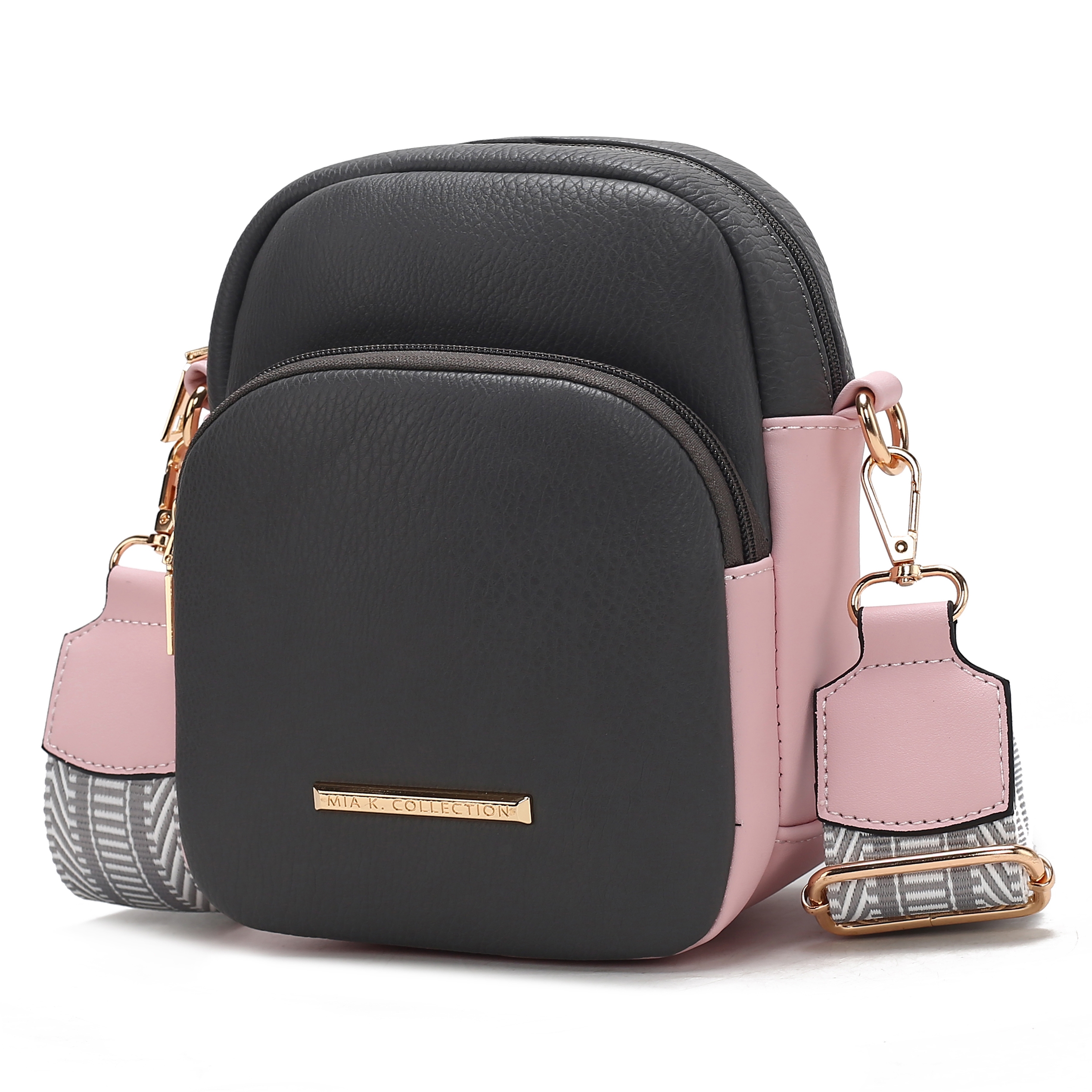 A stylish black and pink crossbody bag with gold-tone hardware and an adjustable strap, featuring the brand \“MIA.K COLLECTION\“ on the front.