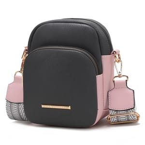 A stylish black and pink crossbody bag with gold-tone hardware and an adjustable strap, featuring the brand \“MIA.K COLLECTION\“ on the front.