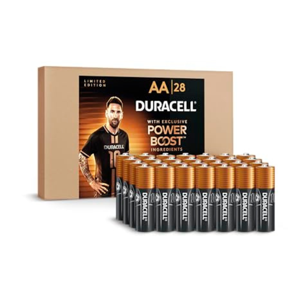 Duracell AA batteries, 28-pack, featuring a limited edition design with \“Power Boost\“ ingredients and promotional imagery.