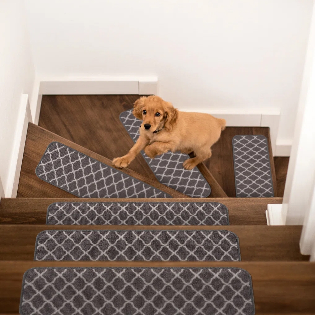 A small dog stands on wooden stairs with gray, patterned non-slip stair treads for safety.
