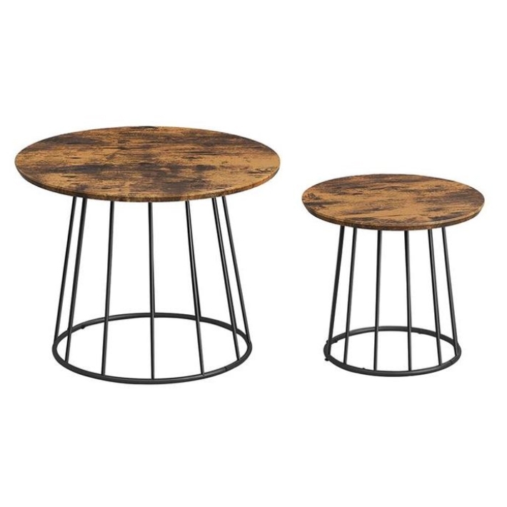 Two round coffee tables with rustic wooden tops and black steel wireframe bases; one is larger and taller, the other smaller and shorter, offering a modern industrial look.