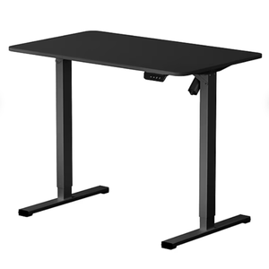 Black adjustable standing desk with a sleek design, featuring a rectangular tabletop and height-adjustable legs.